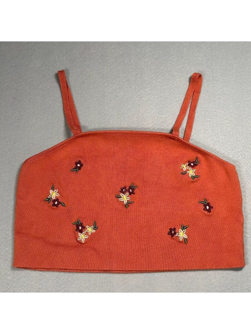 Forever 21 Rust Orange Ribbed Knit Crop Cami Top Embroidered Floral Boho